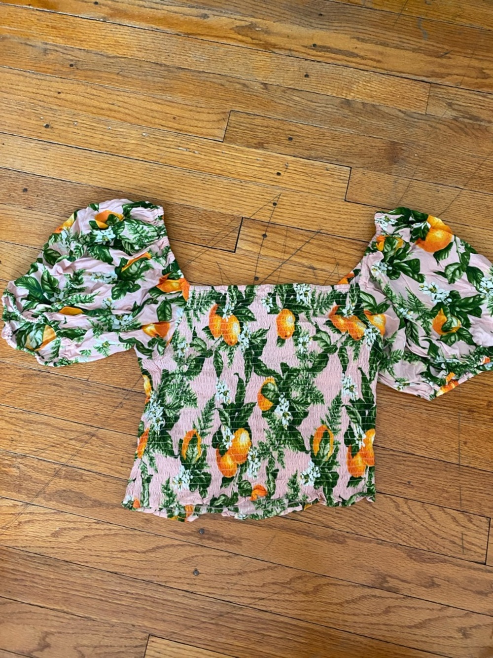 Pink Orange Print Smocked Puff-Sleeve Crop Top